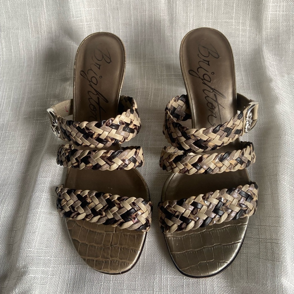 Brighton Sandals Tress Woven Leather Slip On 2.5” Heels Size 7 Tan Brown Classic